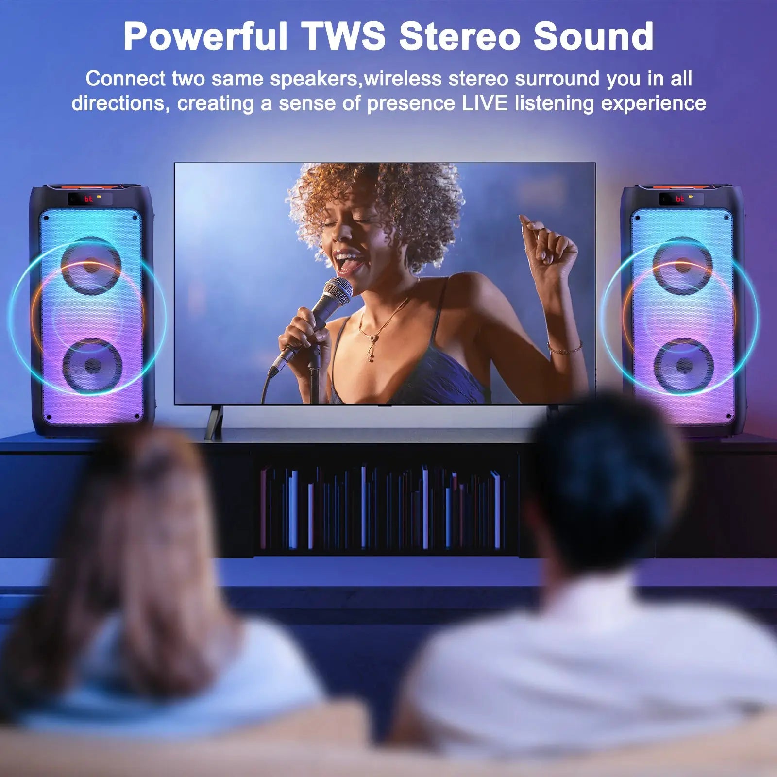 T10-T wireless Bluetooth karaoke speaker system; two tall LED-lit speakers flank a TV for home karaoke.
