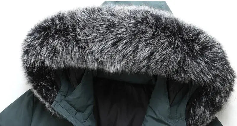 Men's dark green down jacket with fur-trimmed hood, Simples Market LZLLTT windproof coat