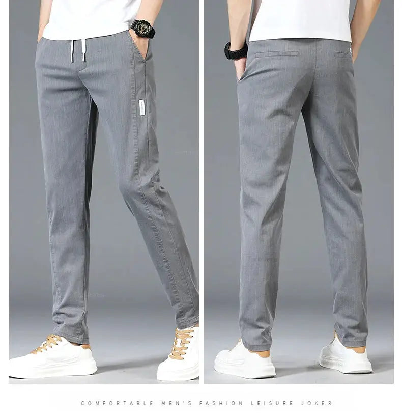 Men's casual pants with elastic waist in gray, slim-straight fit, front and back views