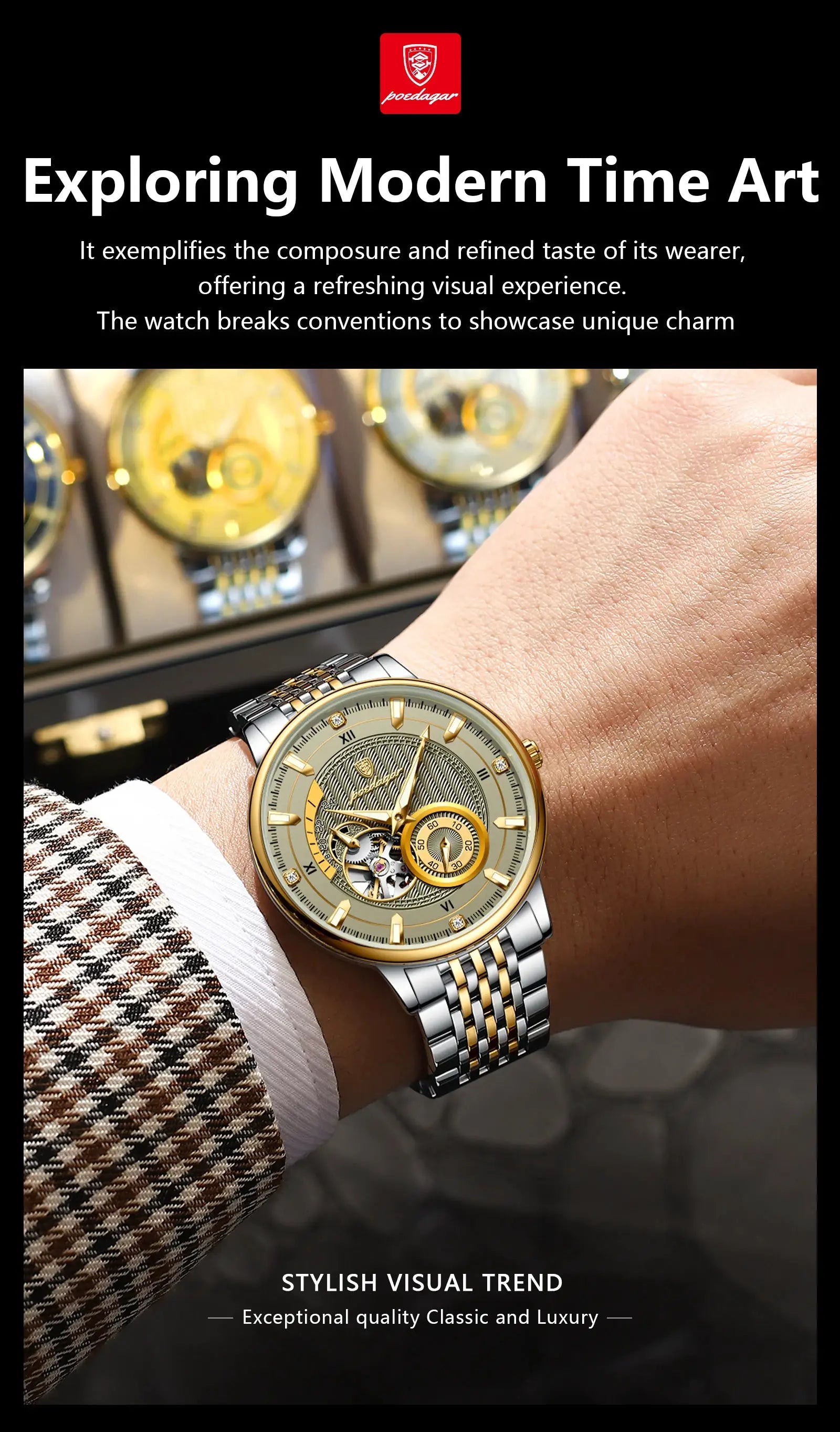POEDAGAR luxury men's wristwatch with two-tone stainless steel band and gold bezel, skeleton dial