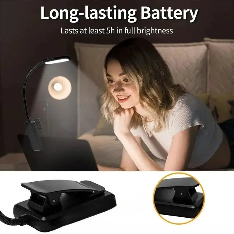 Simples Market black LED clip-on reading lamp; USB rechargeable, dimmable, flexible neck.