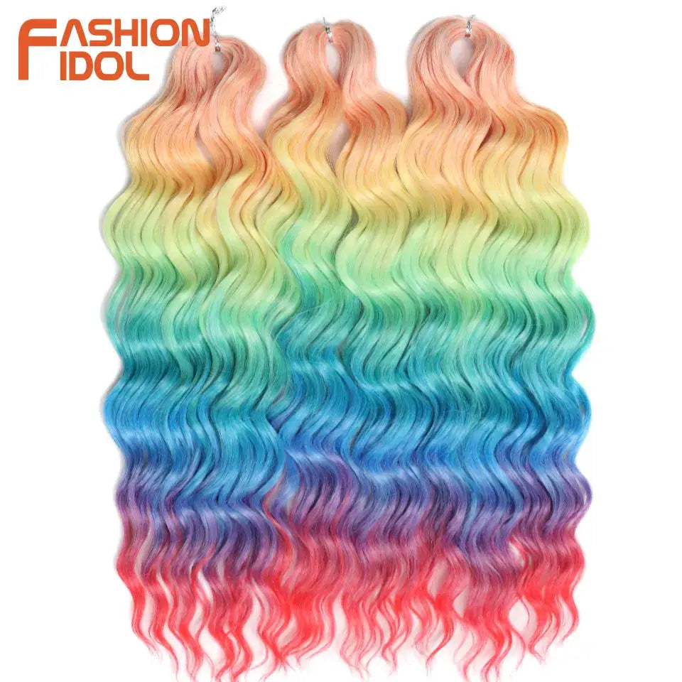 Anna 24in synthetic water-wave braiding hair extensions in ombre rainbow blend, 3 bundles, Fashion Idol