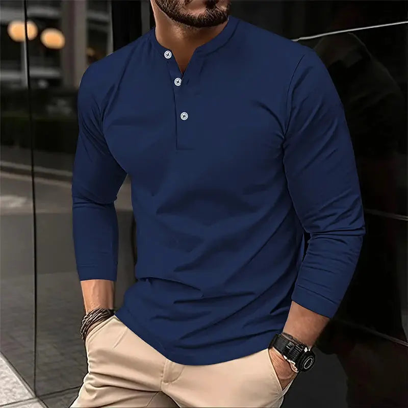 Men's long-sleeve navy blue henley polo shirt by Simples Market, breathable casual top