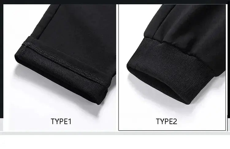 Men's black cotton track pants with elastic waist and cuffed hems, gym joggers, two cuff style options shown