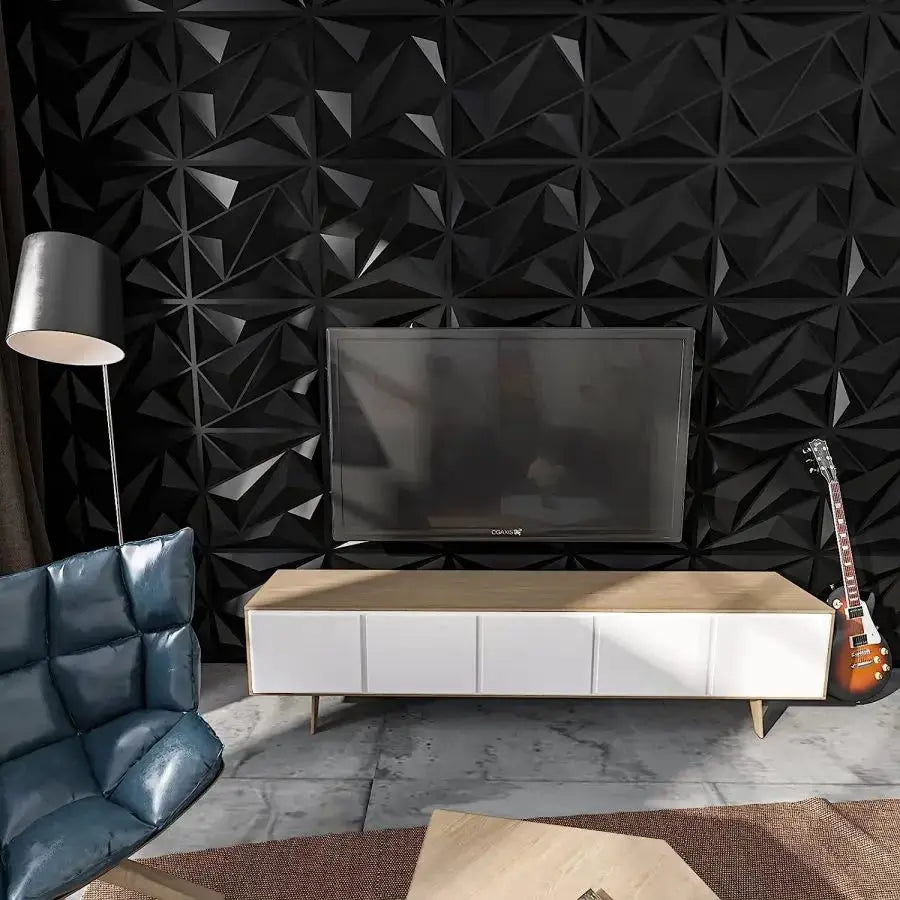 3D textured wall panels by Simples Market, black geometric, 12–20 pcs, 30cm×30cm for indoor living room decor.