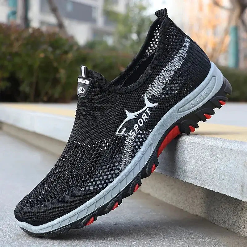 Men's sport mesh sneakers by Simples Market, black breathable knit upper with grey sole and red tread