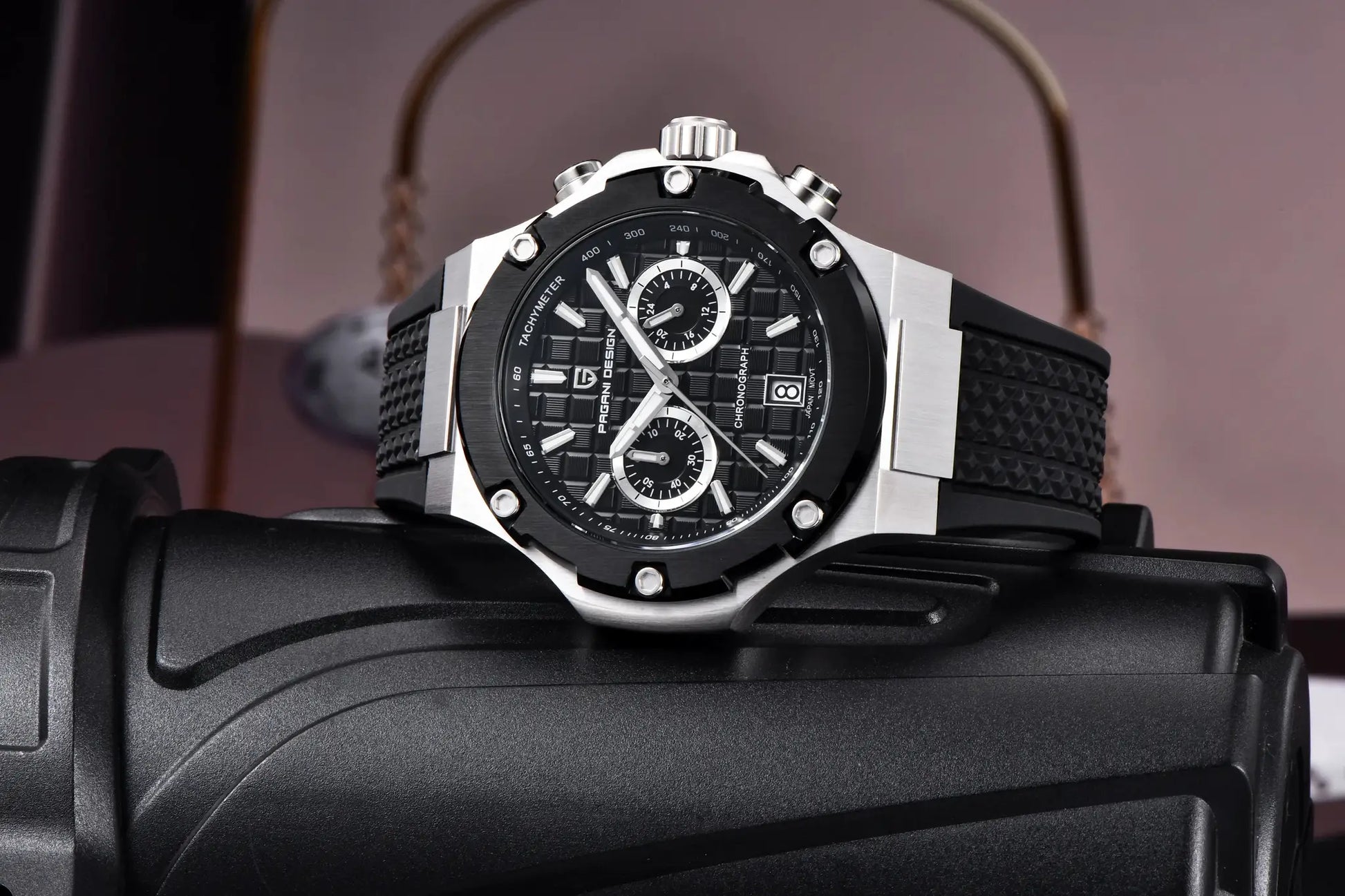 PAGANI DESIGN men's chronograph watch with silver case, black textured dial, and fluororubber strap