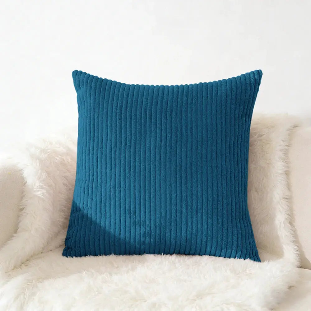 Corduroy pillow cover in teal with vertical ribbed texture for sofa decor