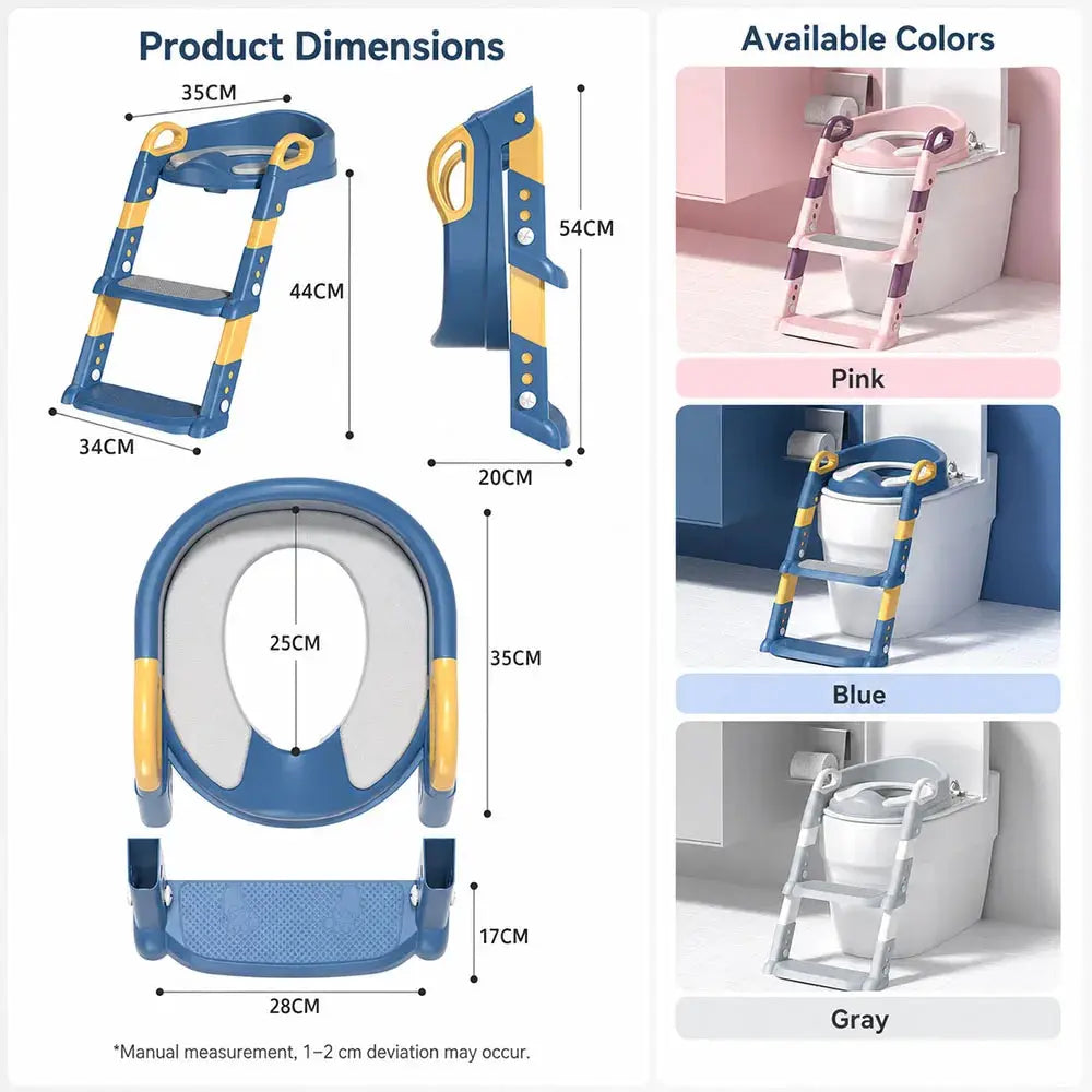 Children's blue and yellow toilet training stool with foldable step and ring seat plus textured foot platform