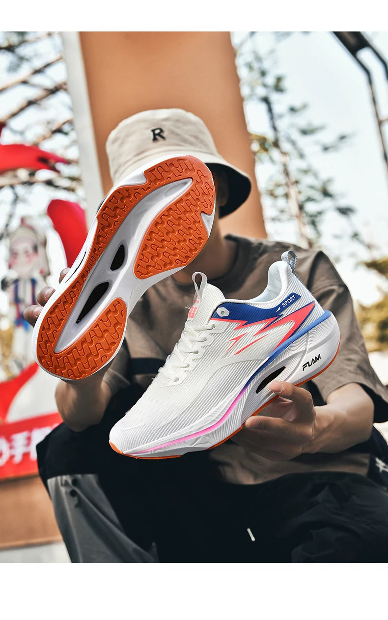 Simples Market white running shoe with blue and pink accents, orange outsole, breathable mesh upper