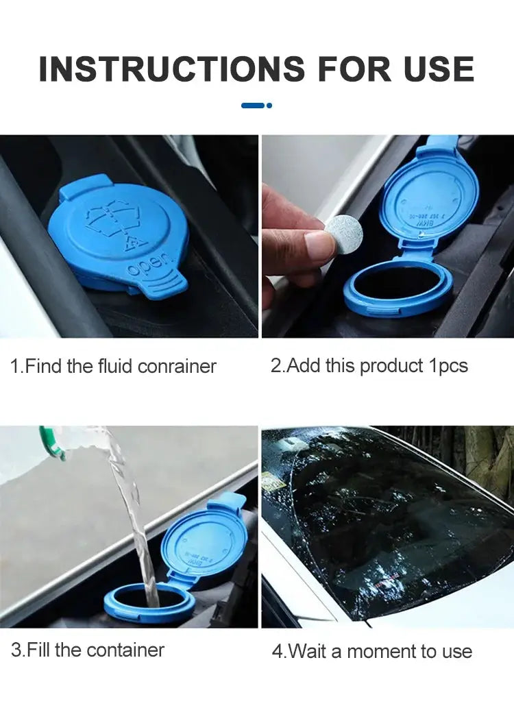 Car windshield washer fluid tablets by Simples Market; blue cap container with four-step usage panels