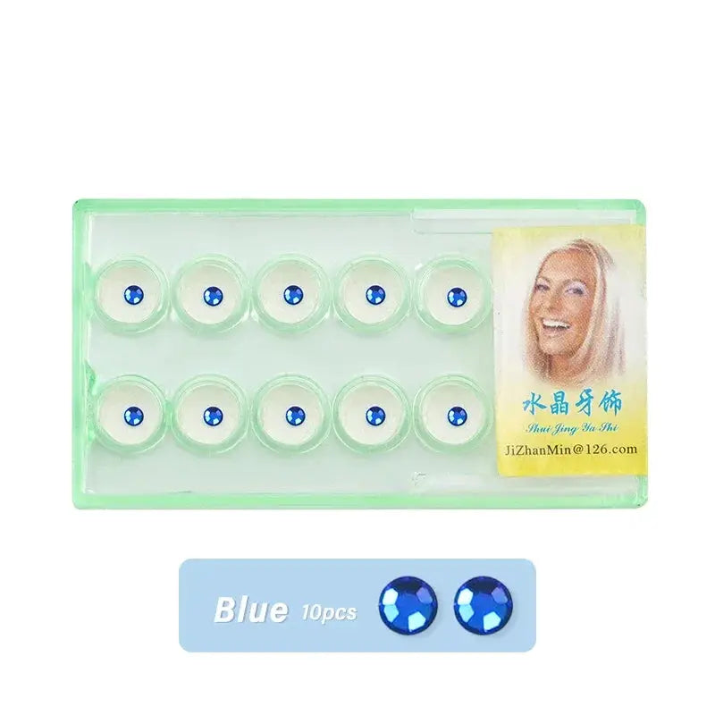 Dental crystal tooth gems set, blue round stones, 10 pieces in display case, Simples Market