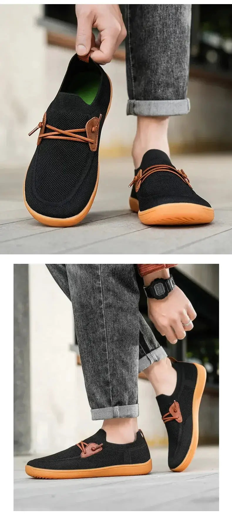 Simples Market barefoot shoes, black mesh upper with orange sole and brown lace, unisex pair of casual athletic footwear