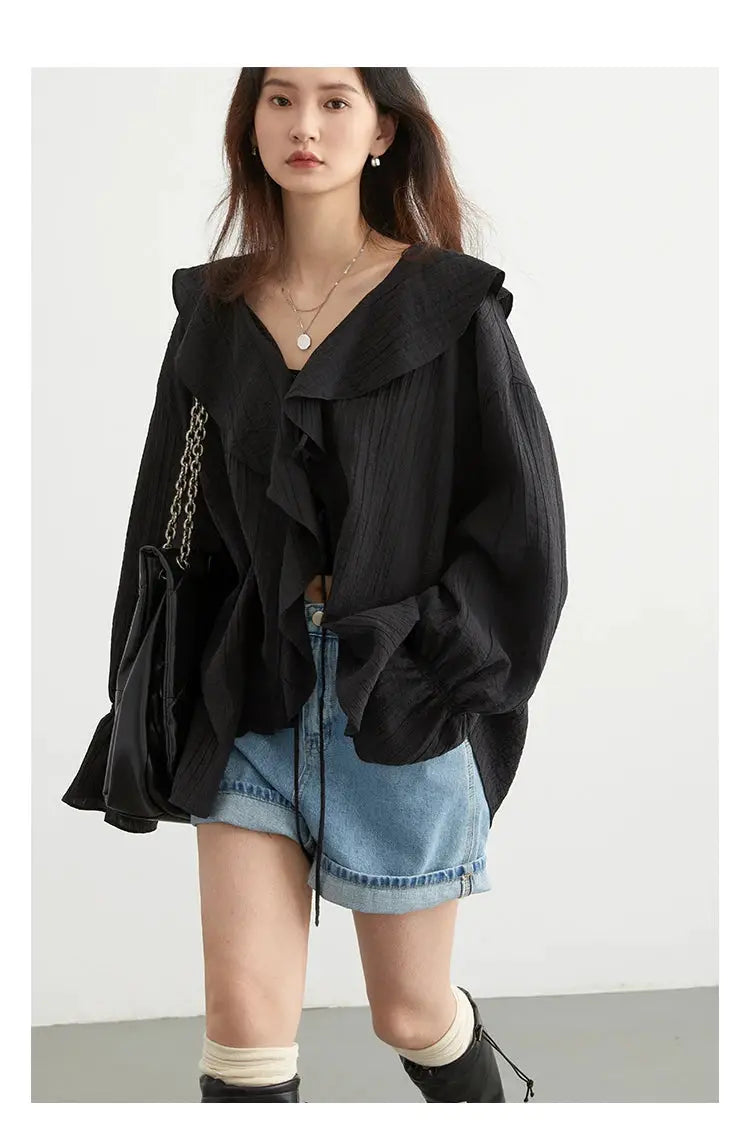 CHIC VEN women's loose black blouse with ruffled edges and V-neck