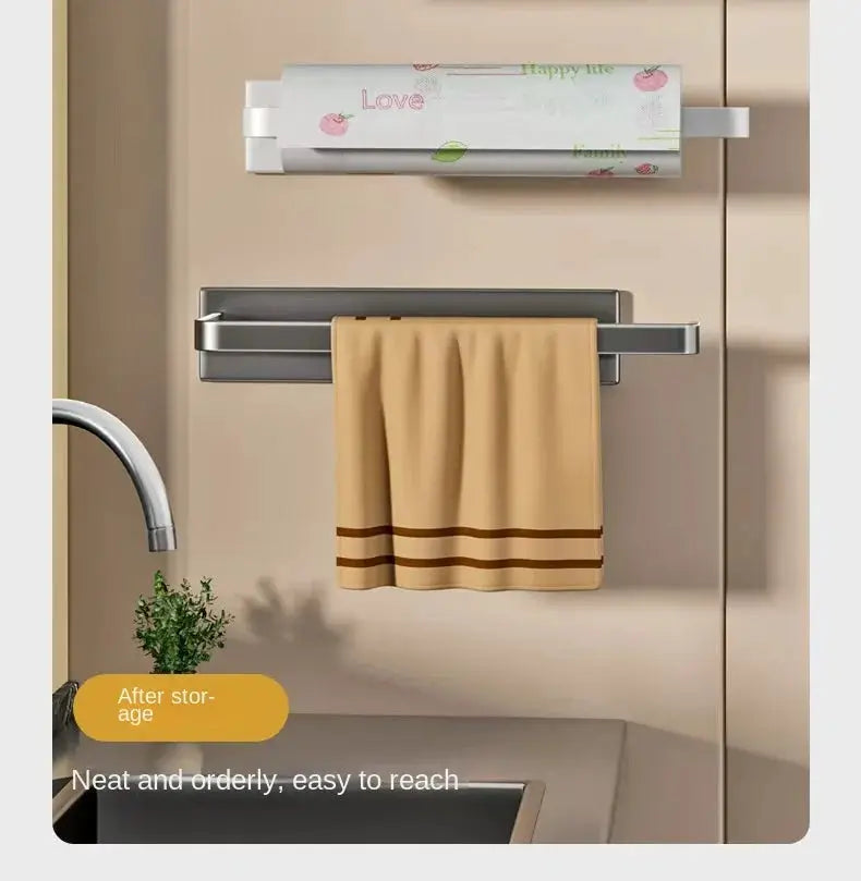 Simples Market wall-mounted kitchen paper towel holder with magnetic roll dispenser and towel bar on beige cabinet