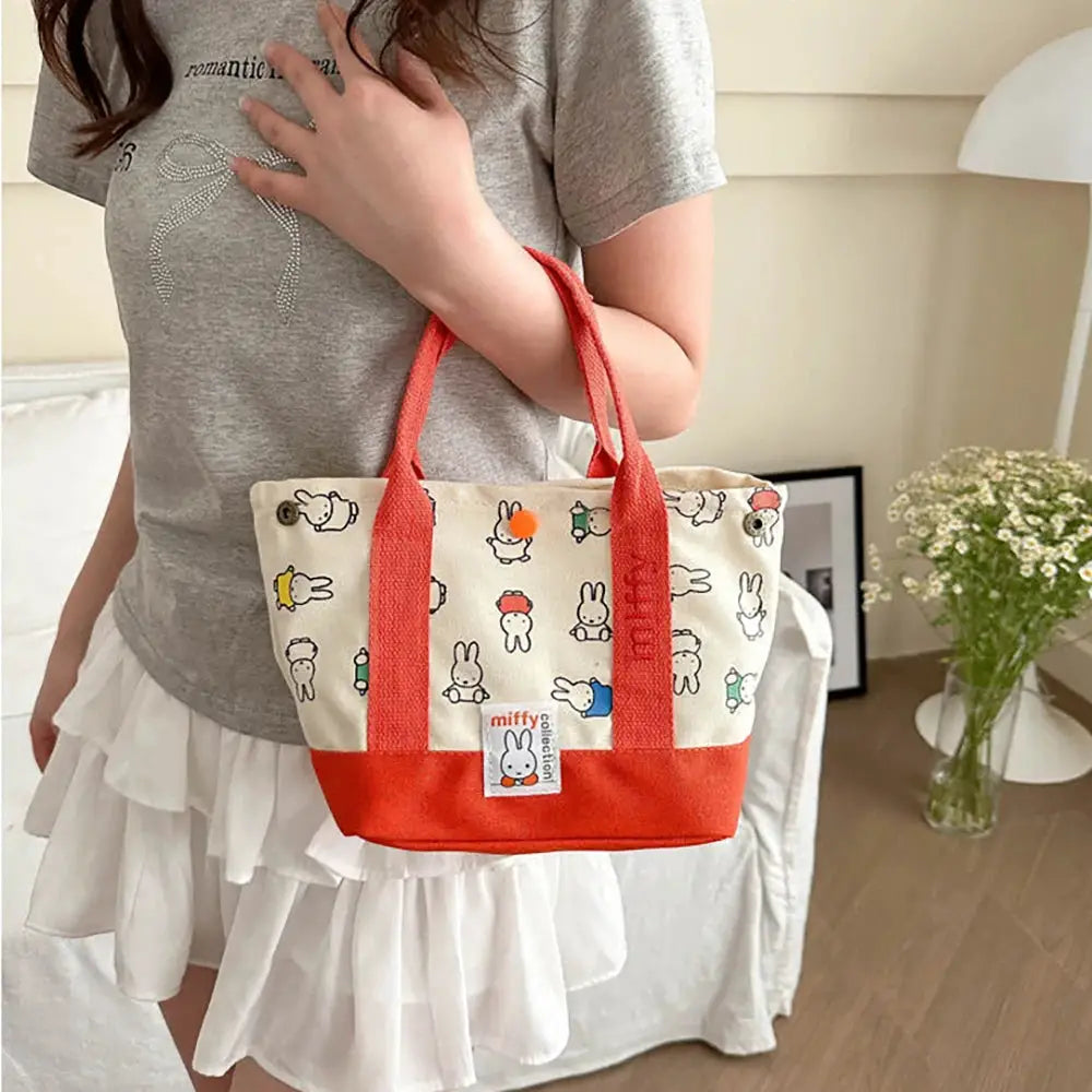 Kawaii Miffy Cute Handbag Cartoon Rabbit Canvas Embroidery Bag Multifunctional Bento Storage For Girls