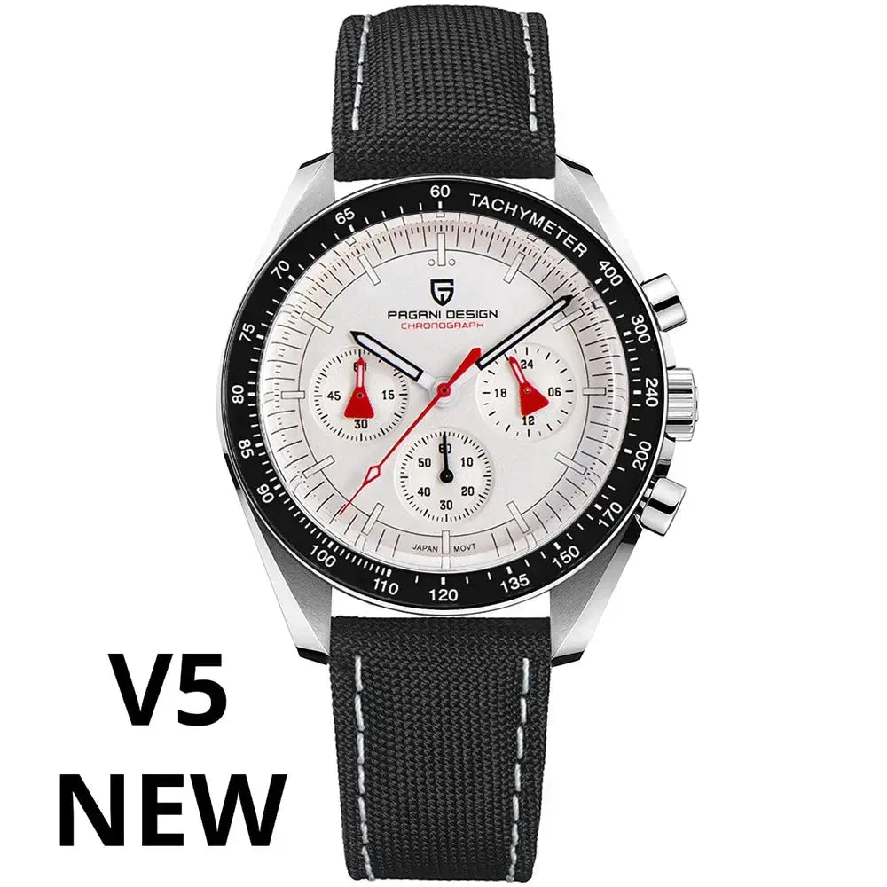 Pagani Design men's chronograph watch with white dial, black tachymeter bezel and fabric strap.