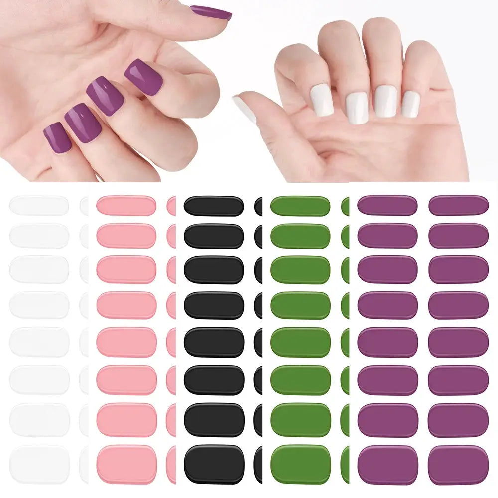Simples Market semi-cured gel nail wraps set with full-cover decals in pink, white, black, green, purple.
