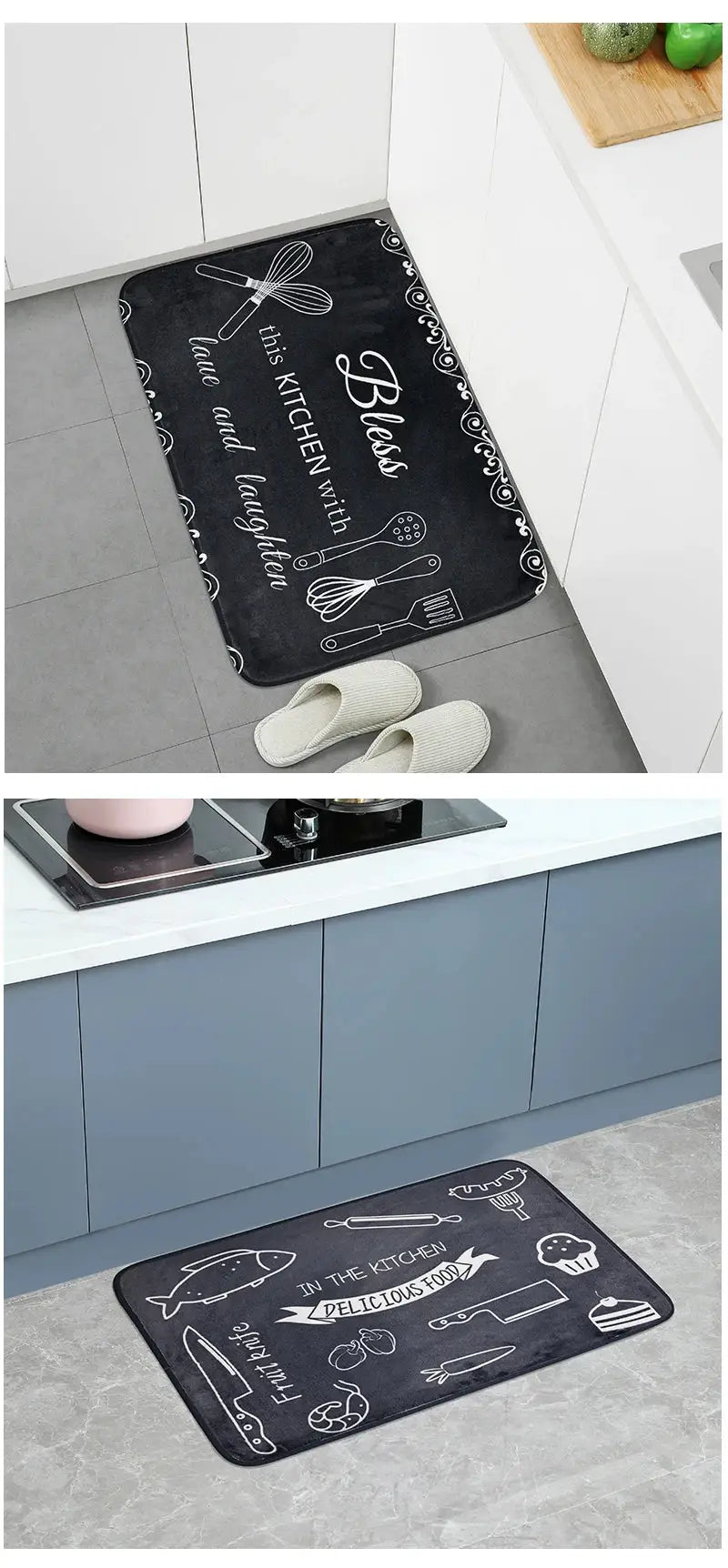 Sponge water-absorption kitchen mat with black chalkboard design by Simples Market, anti-skid, machine washable (2 shown)
