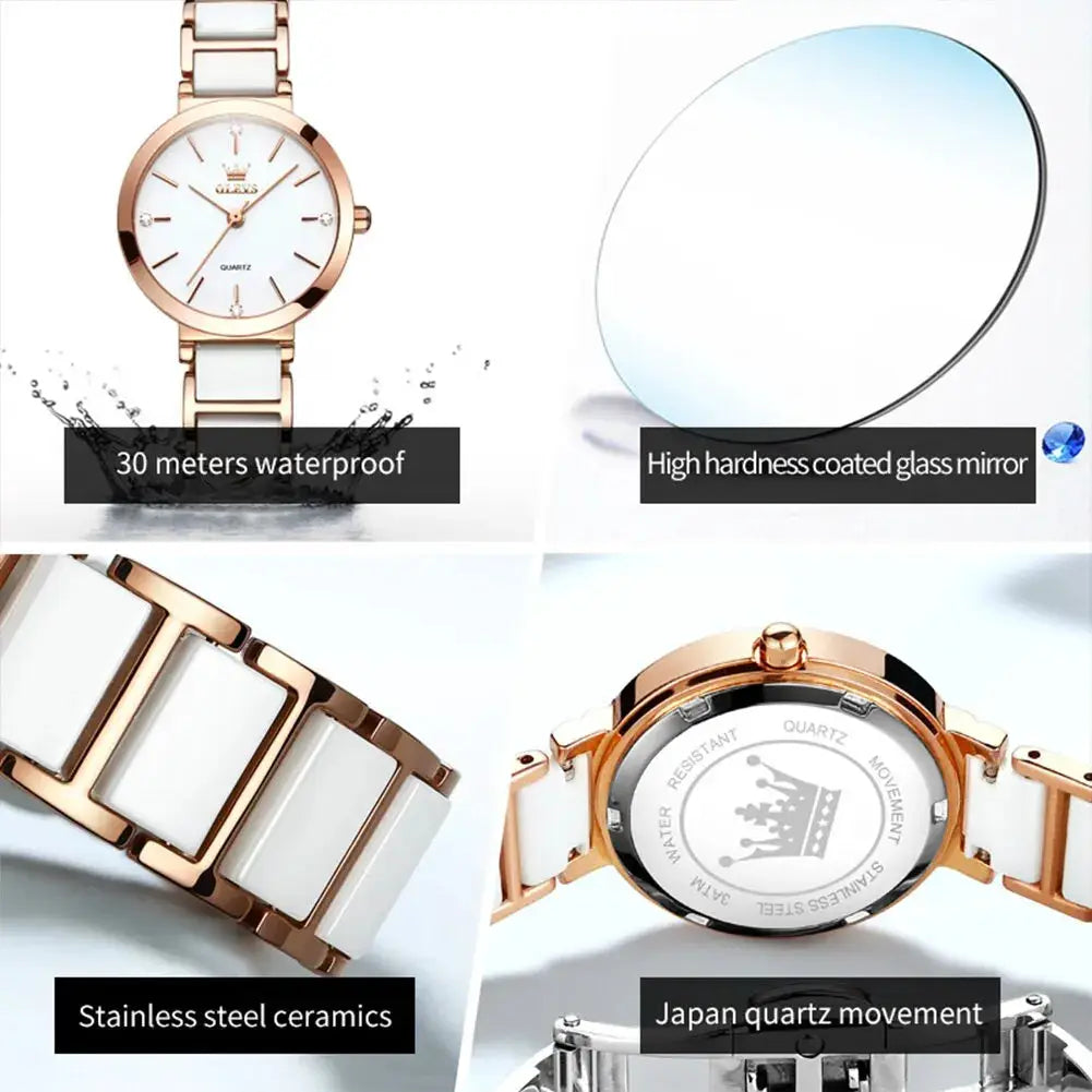 OLEVS women's rose-gold watch with white ceramic strap and Japan quartz movement