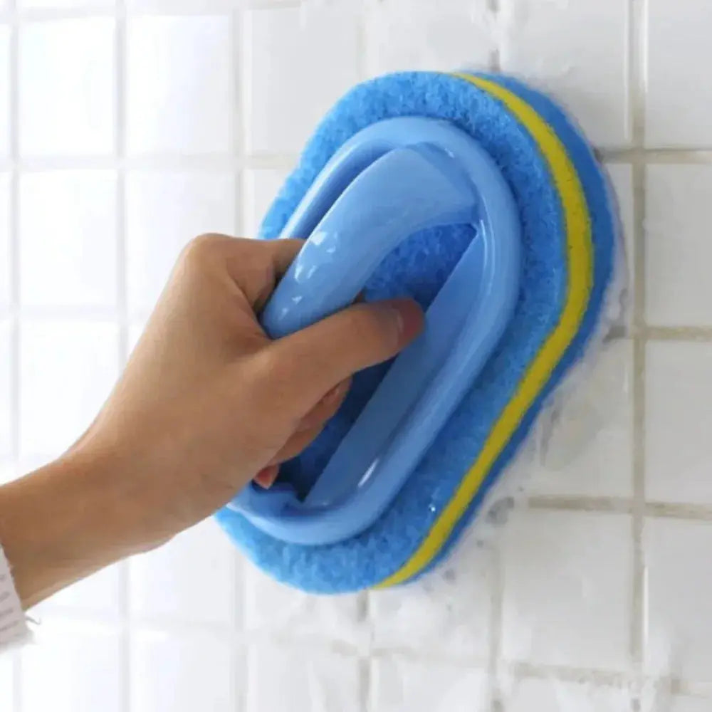 Blue round scrubbing sponge with integrated plastic handle for kitchen and bathroom cleaning
