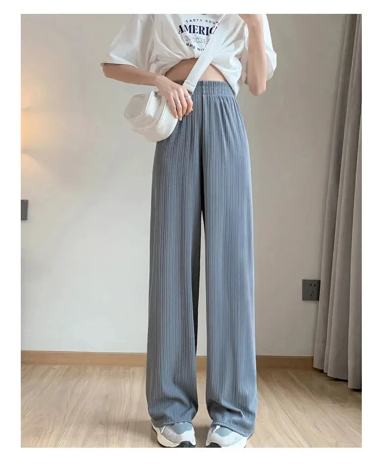 Thin summer wide-leg pants, blue-gray, elastic waistband, breathable lightweight fabric