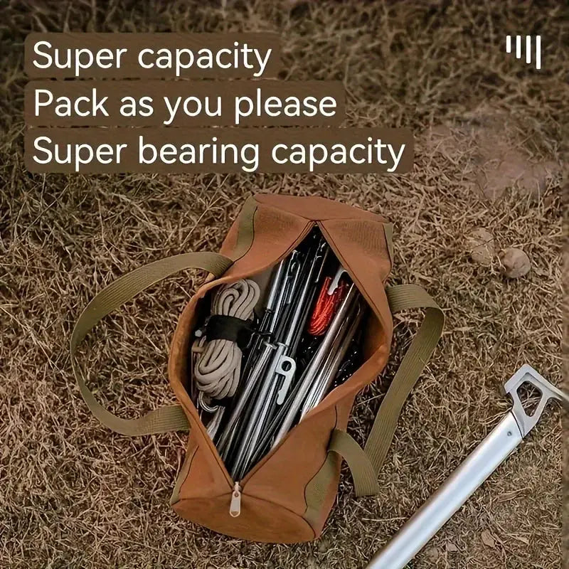 Camping Tools Storage Bag by Simples Market, large capacity orange tote with green straps holding tent pegs and poles