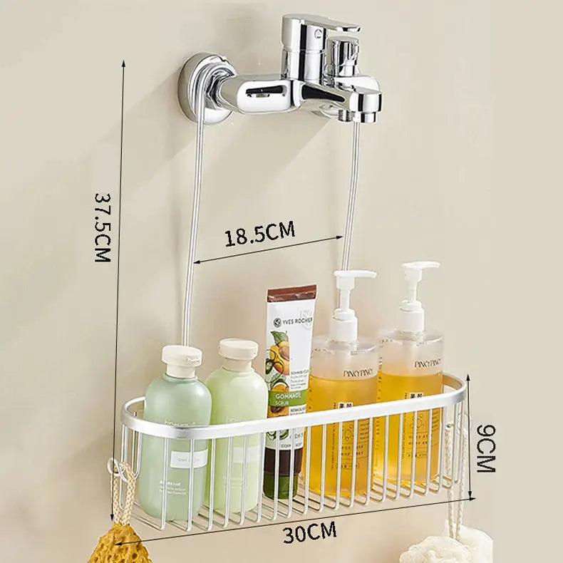 Chrome shower caddy hanging organizer with hooks; 30cm long wire basket for bathroom bottles