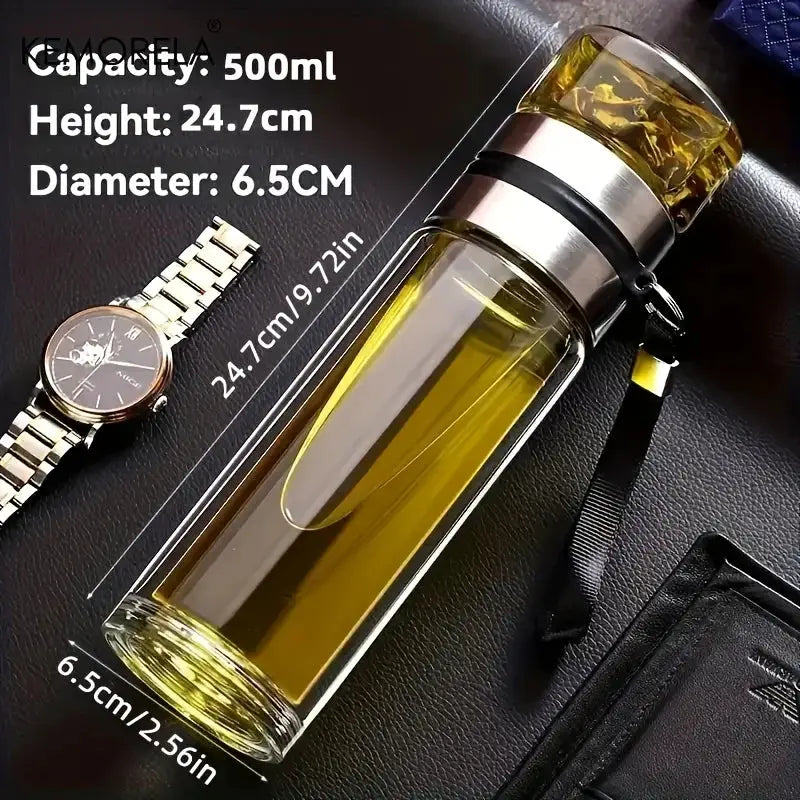 KEMORELA Leakproof Glass Tea Infuser Bottle With Double Wall Insulation And Water Separation Compartment 350ml 450ml 500ml