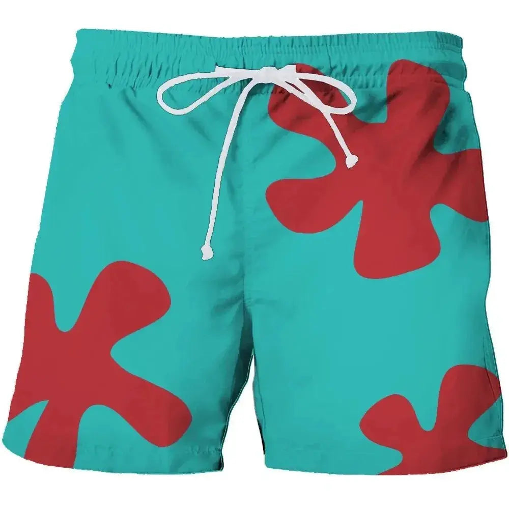 Turquoise quick-dry board shorts with red abstract floral pattern and white drawstring