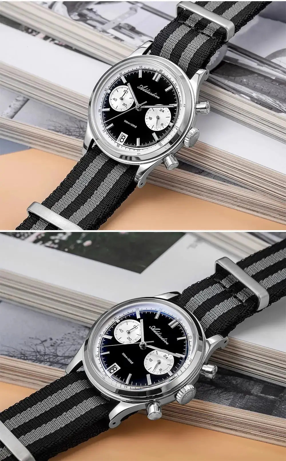 Addiesdive men's chronograph watch with black dial, white subdials, stainless steel case, striped NATO strap