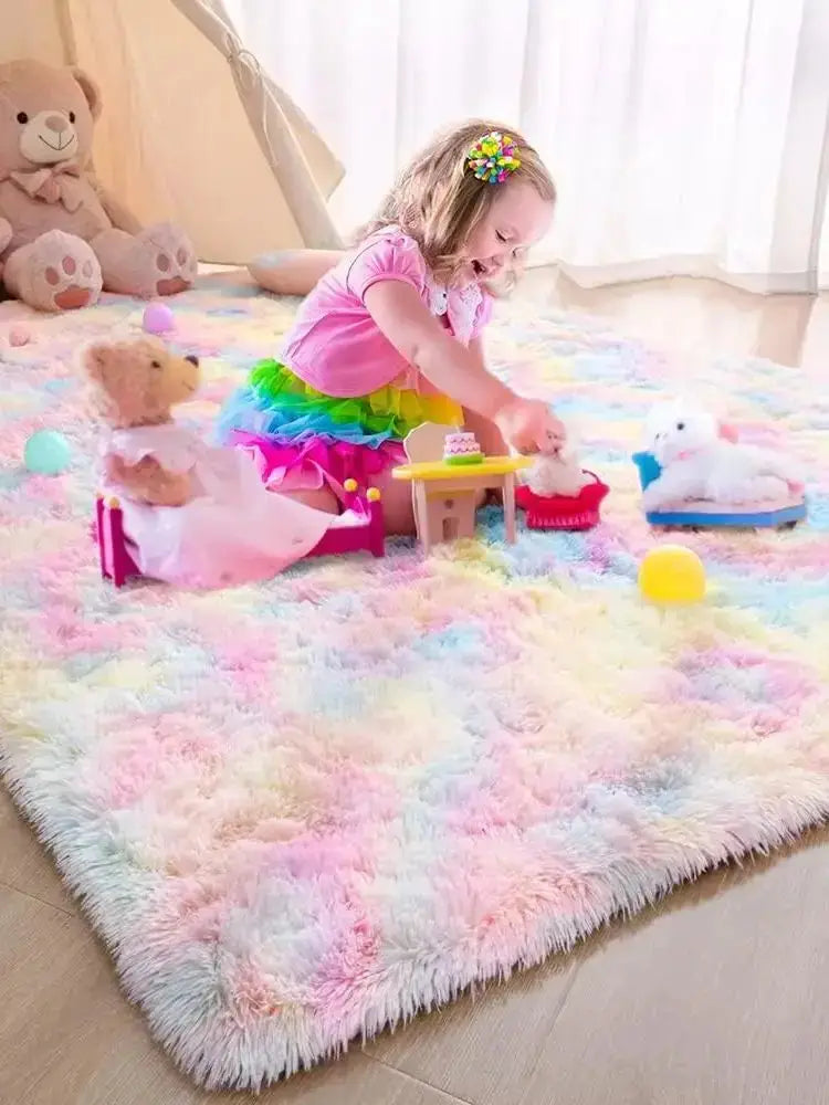 Kids rainbow fluffy shag carpet in pastel colors, large play rug for bedroom or living room