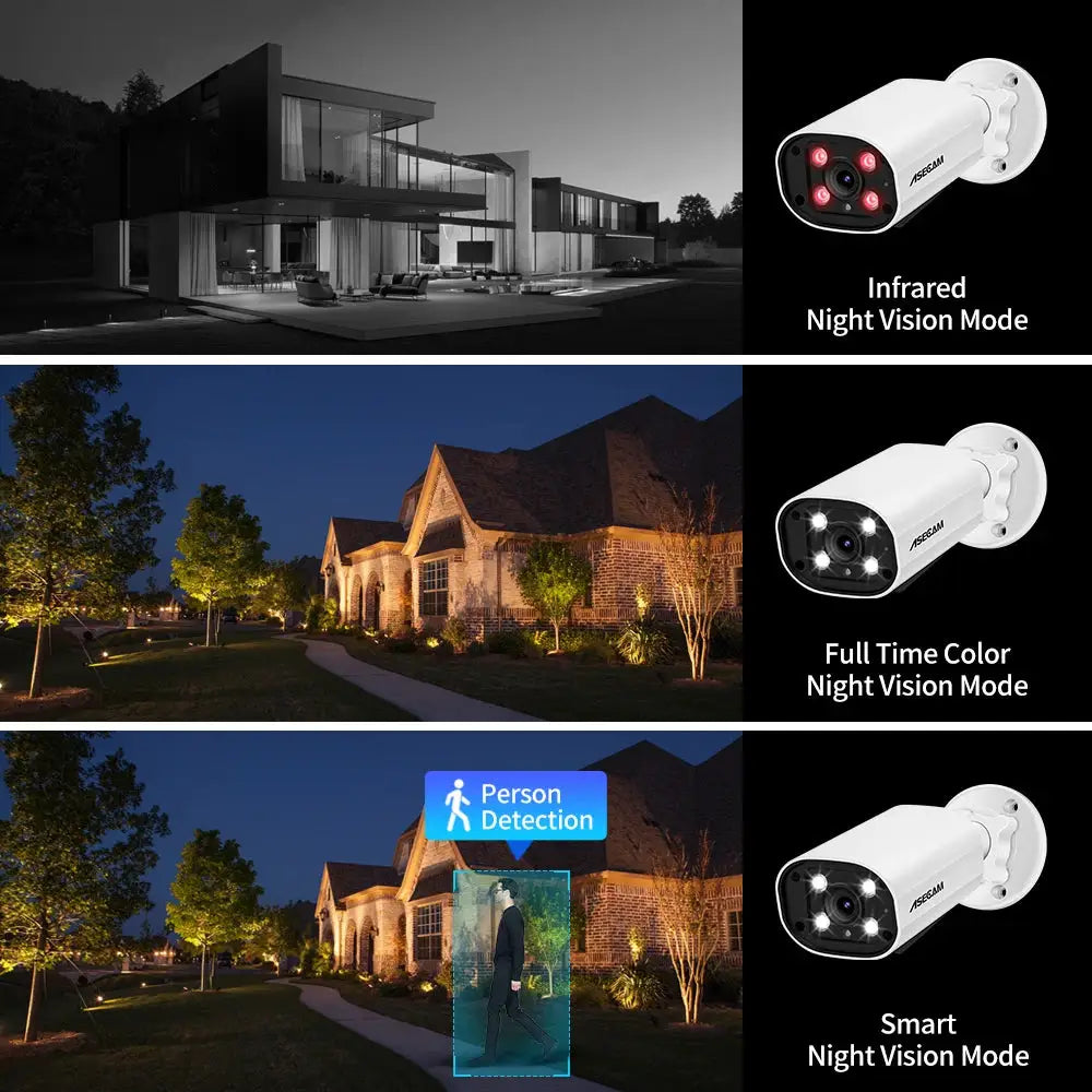 ASECAM outdoor POE IP camera with dual-light night vision IR and color modes, 8MP 4K 15fps, Simples Market.