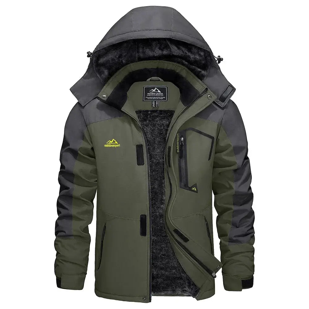 KEFITEVD men's winter ski jacket, olive green with gray sleeves, waterproof fleece-lined hooded coat outdoorsport logo
