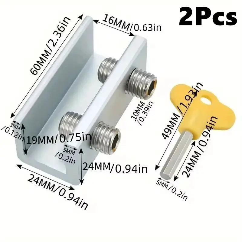 Sliding sash stopper lock set by Simples Market, 2 pieces with metal bolts and yellow key tool.
