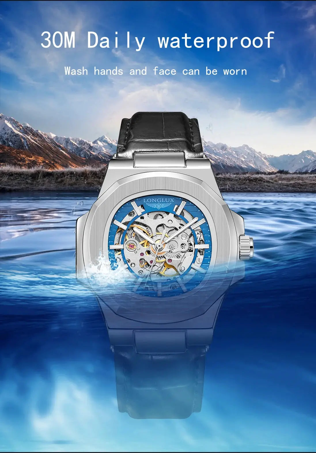Longlux men automatic skeleton watch with blue dial, exposed gears, silver case, and black leather strap