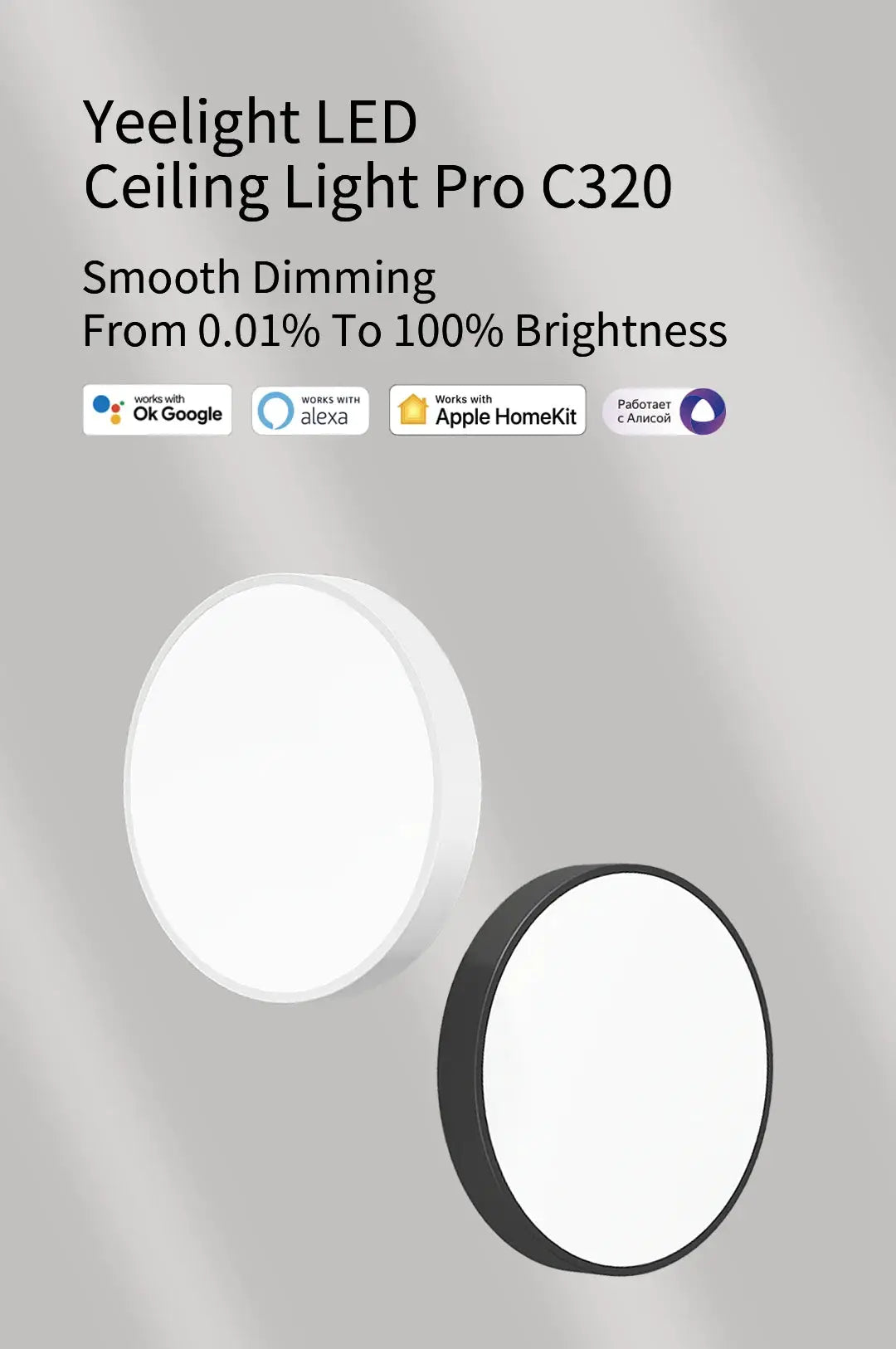 Two Yeelight LED Ceiling Light Pro C320 fixtures with white and black finishes, dimmable 2700-6500K, HomeKit compatible