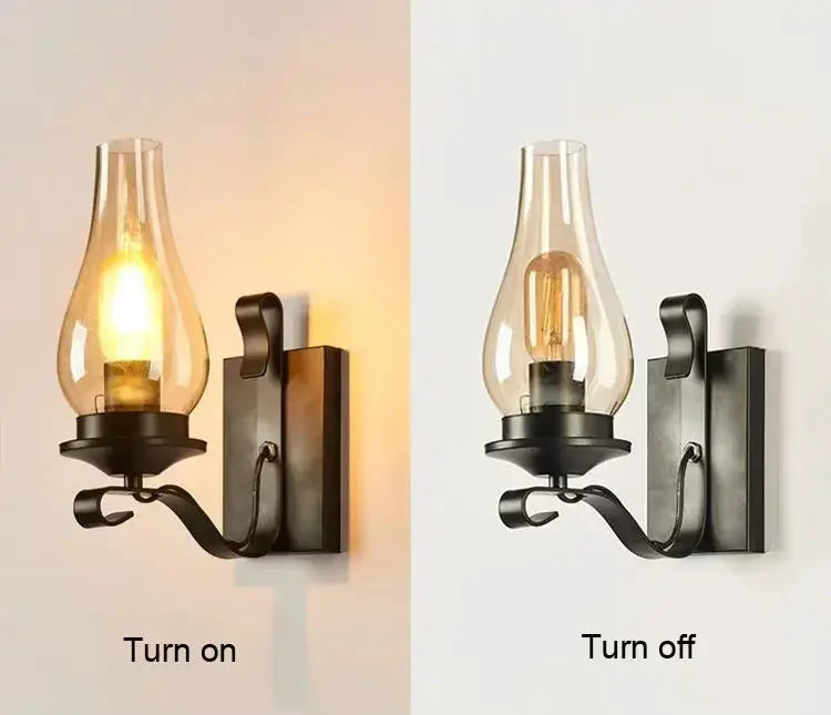 Simples Market wall lamp; wrought iron mount with amber glass shade in loft industrial style.