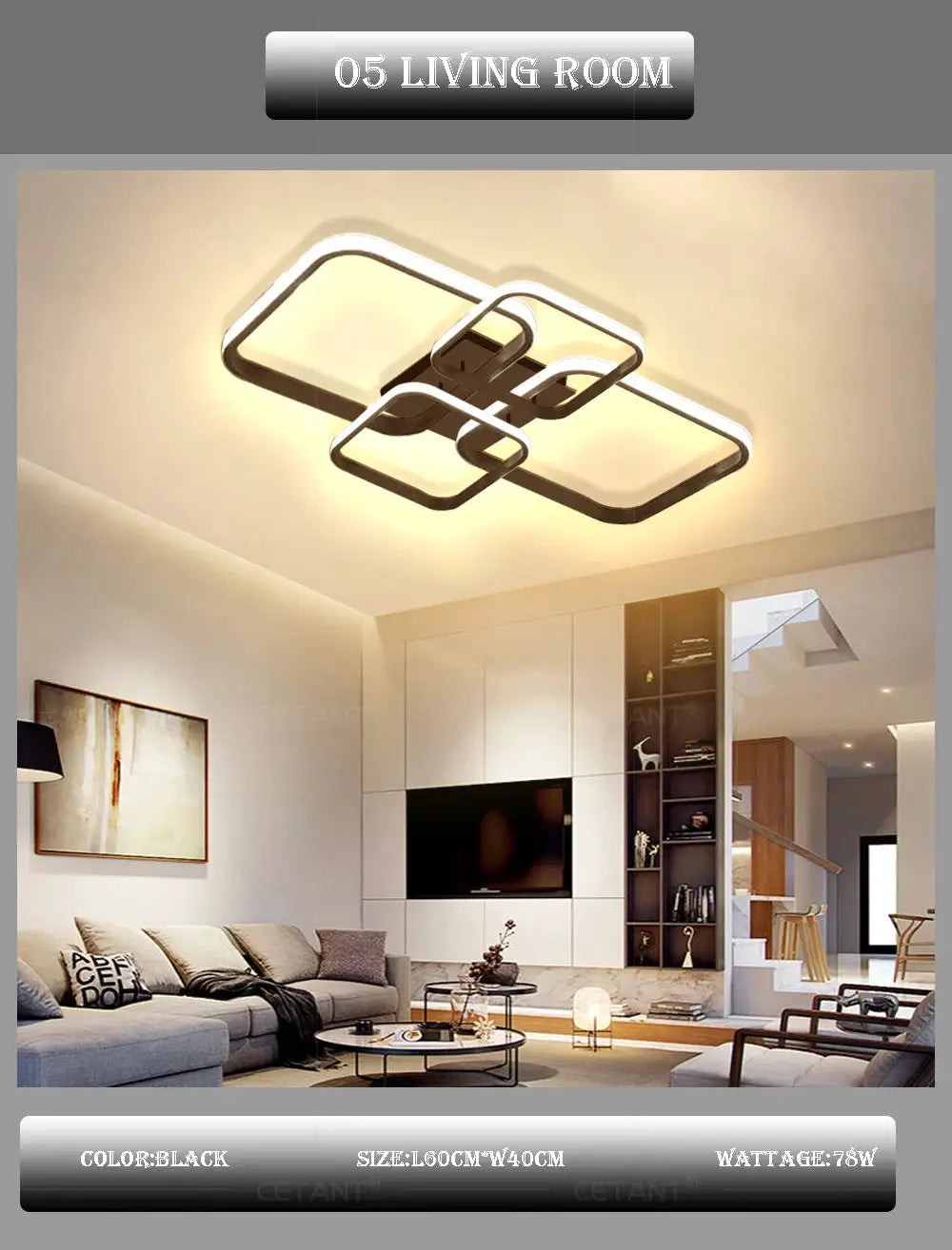 Simples Market modern LED ceiling light with 4 square heads in black and white for living room