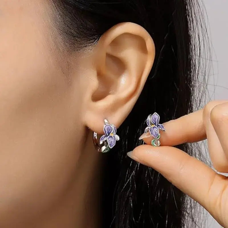 925 Sterling Silver Purple Iris Hoop Earrings With Zircon Flower And Plant Series For Women Gift