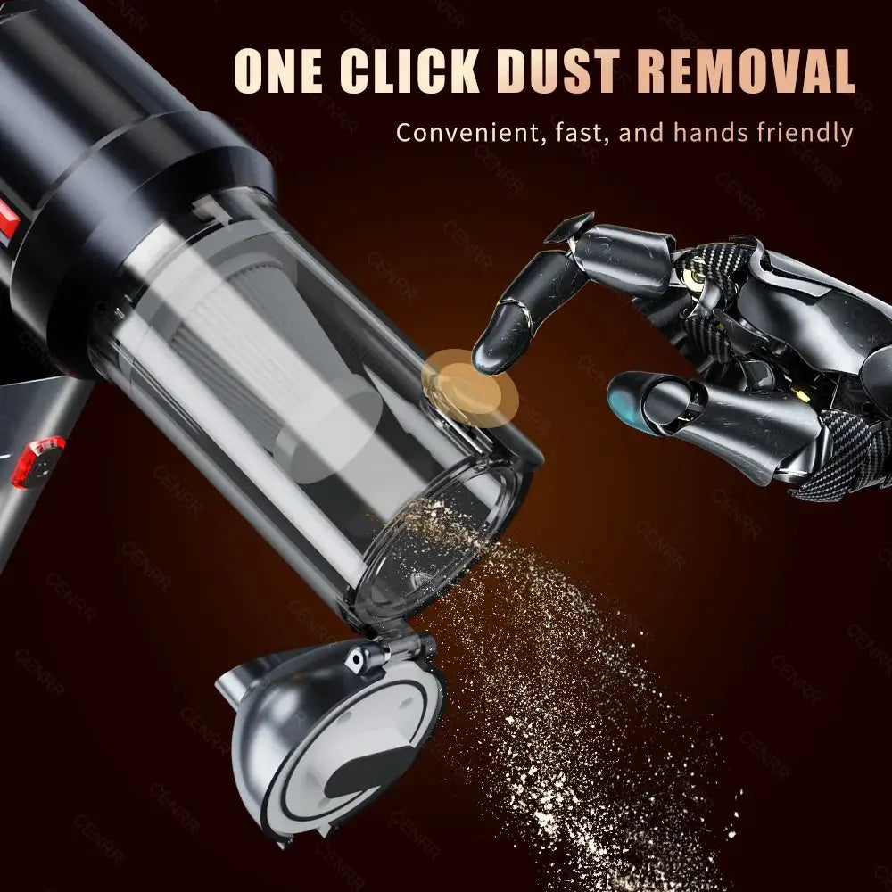 CENRR cordless car vacuum cleaner with transparent dustbin, black body and red switch for home and car cleaning.