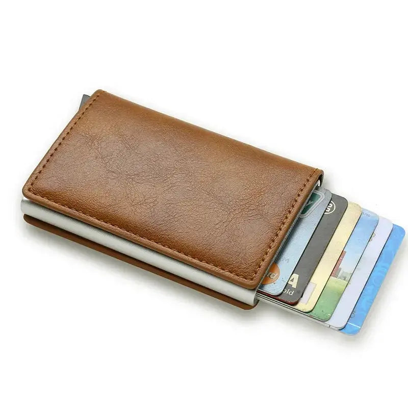 Slim brown leather RFID cardholder wallet with multiple cards visible.