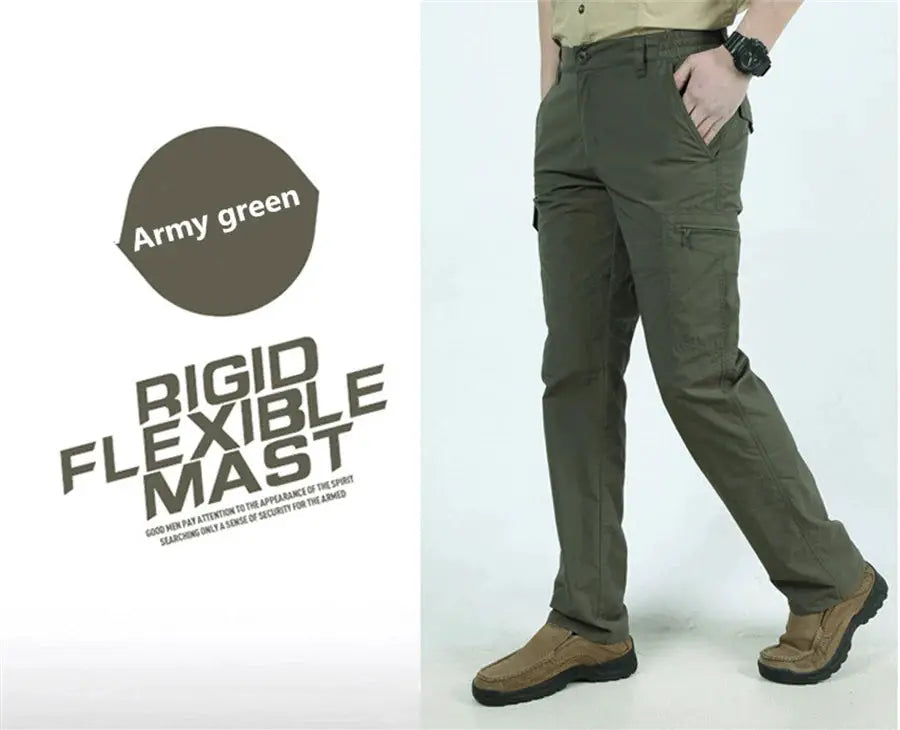 Army green tactical cargo pants by Simples Market; outdoor, quick-dry, breathable long trousers