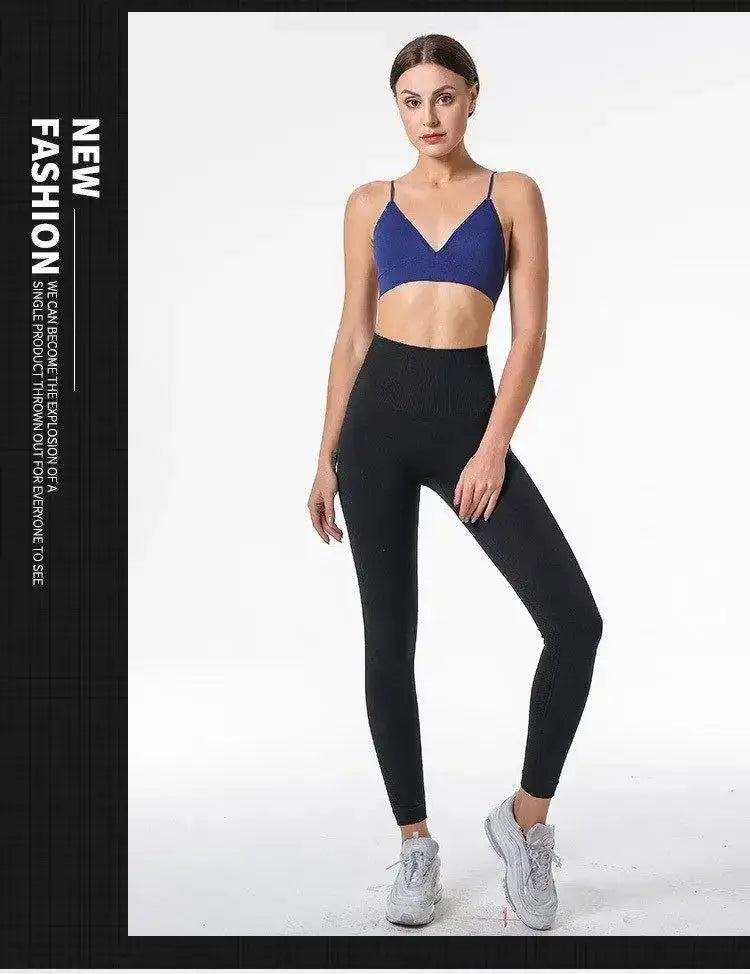 Simples Market V-neck seamless triangle-cup bra camisole, blue, with black leggings on model