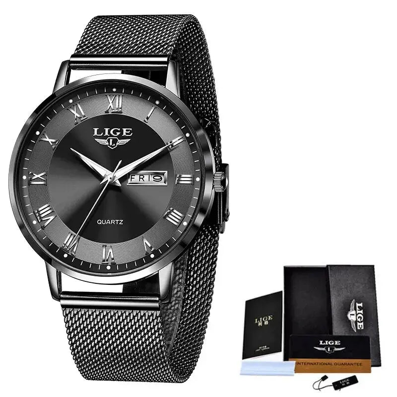 LIGE women's stainless steel mesh bracelet watch with black dial, Roman numerals, day/date window, includes box