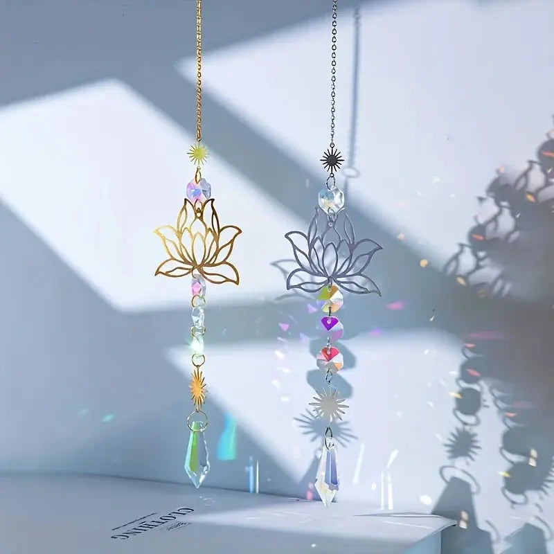 Metal Lotus Suncatcher Charm with Artificial Crystals Handmade Wind Chime Pendant for Home Garden Decoration