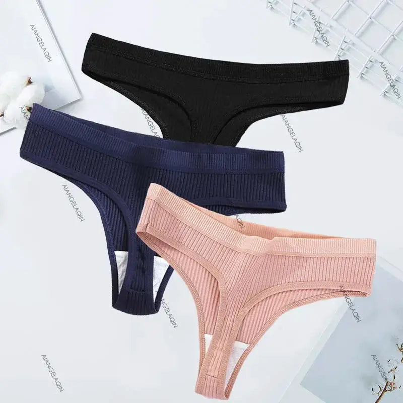3-pack women's ribbed cotton low-rise thong underwear in black, navy, and pink