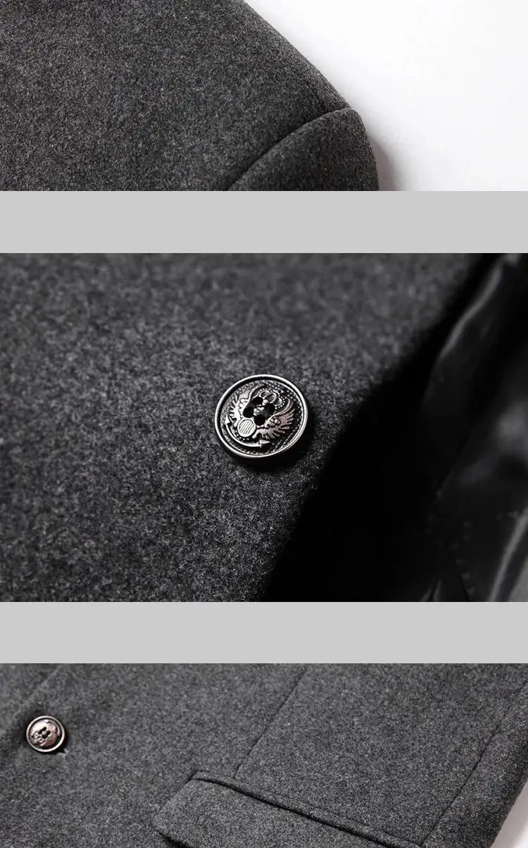 BROWON men's charcoal wool trench coat close-up of textured fabric and metal crest button