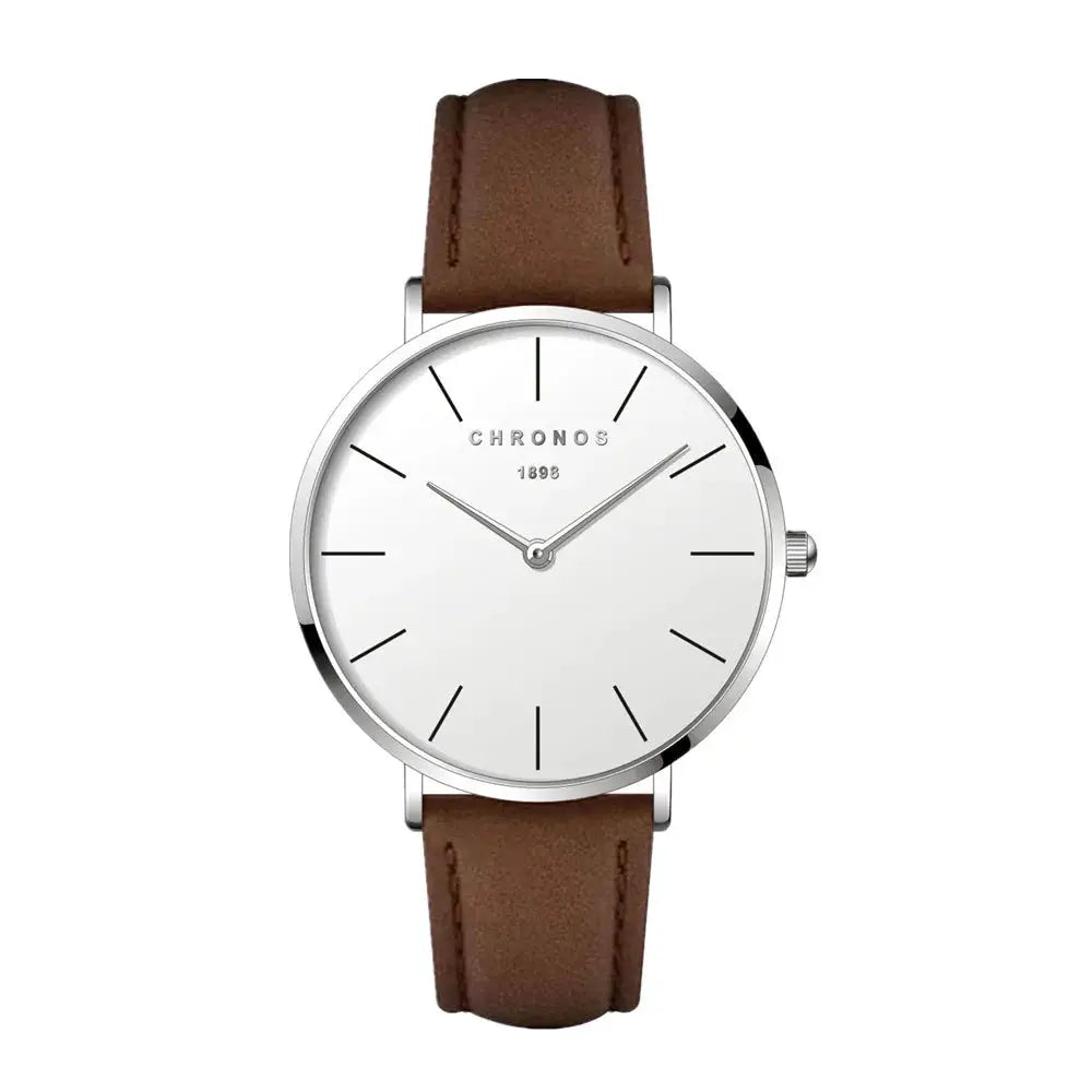CHRONOS watch with white minimalist dial, silver case and brown leather strap, unisex.