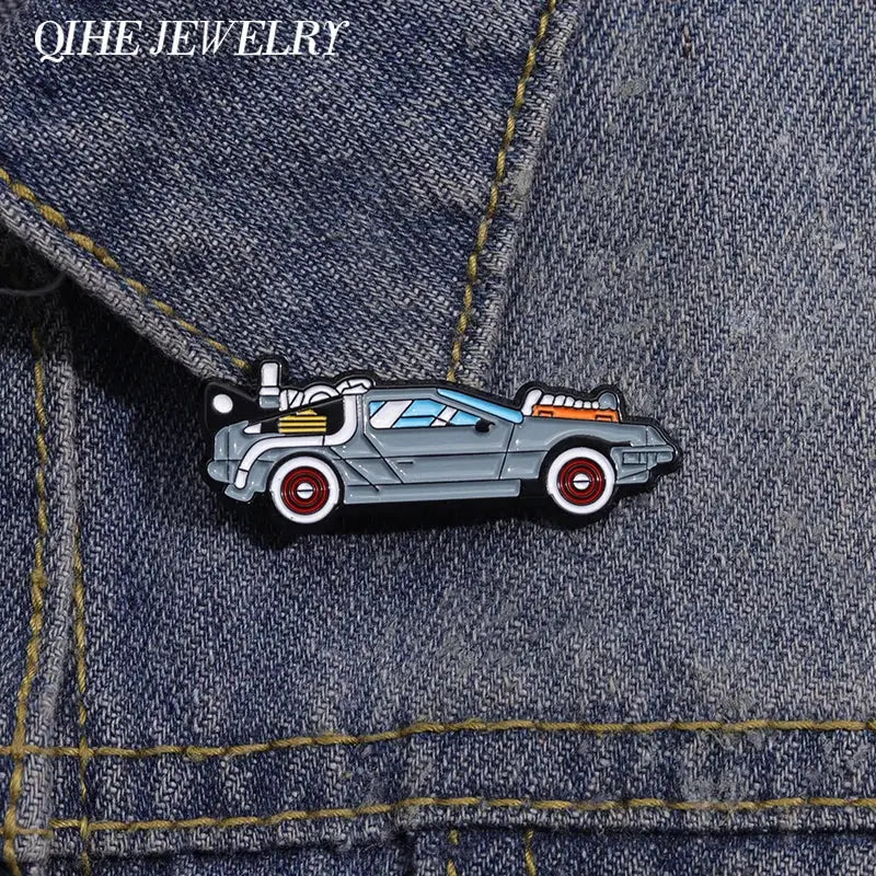 Retro Cartoon Sports Car Enamel Pin Inspired By Sci Fi Movies Vehicle Brooch For Jacket Lapel Bags Gift